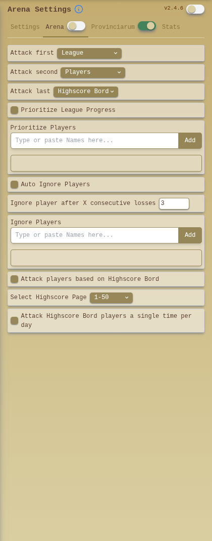 Gladiatus Arena priority controls, player lists and highscore options with the module off