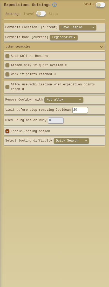 Gladiatus expedition settings showing location, opponent, cooldown and looting controls