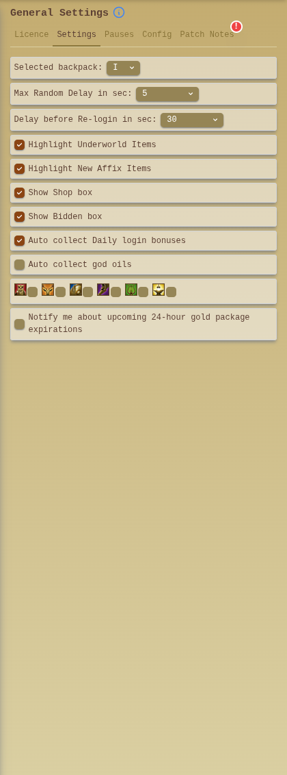 Gladiatus Helper Bot general settings showing timing and daily-option controls