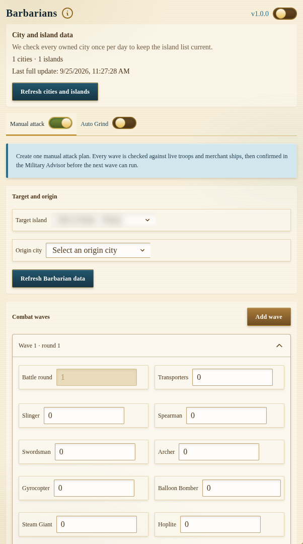Ikariam Helper Bot Barbarians panel showing target selection and combat-wave controls with island details blurred