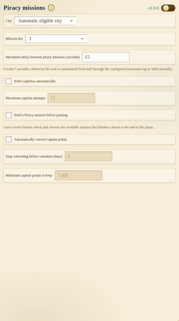 Ikariam Piracy panel showing eligible-city selection, mission tier, timing, captcha, and capture-point controls with the module off