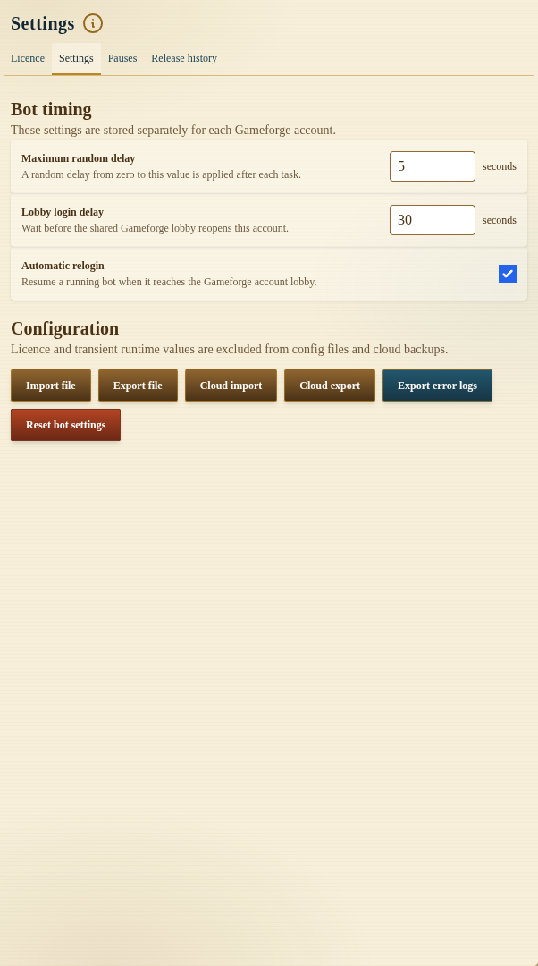 Ikariam Helper Bot general settings with timing, relogin, and configuration controls