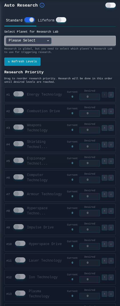 OGame Auto Research Standard panel showing the lab-planet selector, refresh control, and research priority list