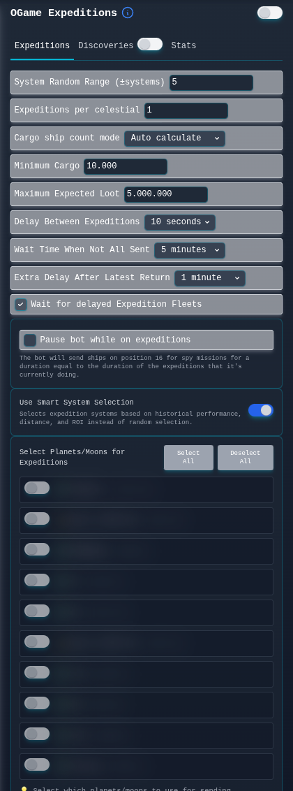 OGame expedition settings showing cargo, timing, and origin selection with private celestial details blurred