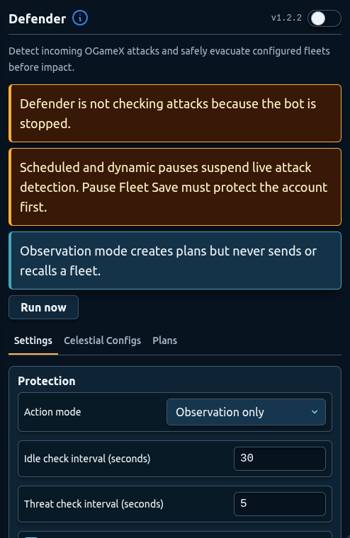 OGameX Helper Bot Defender settings showing observation mode and attack-check intervals