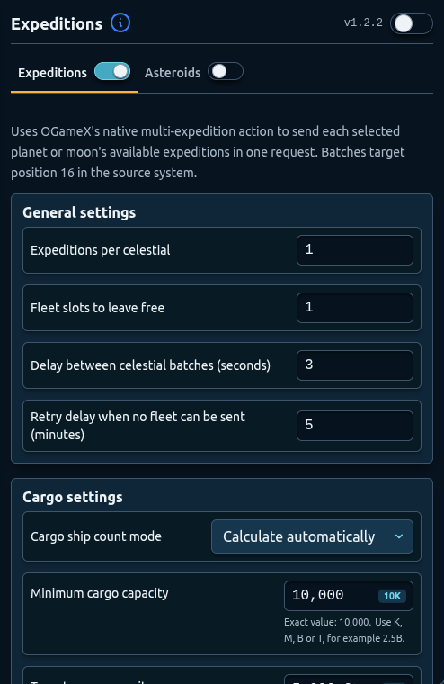 OGameX Helper Bot expedition settings showing celestial batches, reserved fleet slots, and cargo controls