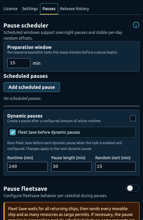 OGameX Helper Bot pause scheduler showing preparation and dynamic pause controls