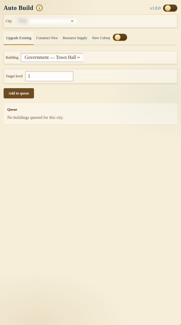 Ikariam Auto Build panel with building choice, target level, and an empty queue; city name blurred