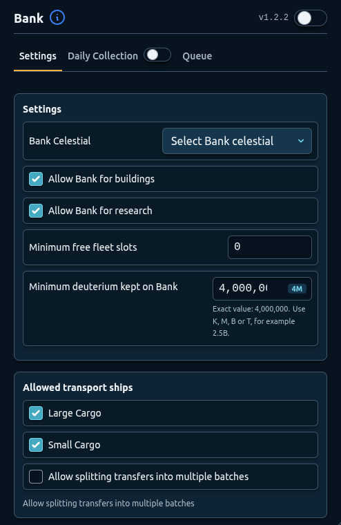 OGameX Bank settings showing source selection, building and research support, and allowed cargo ships with the module off