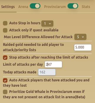 Arena - Settings